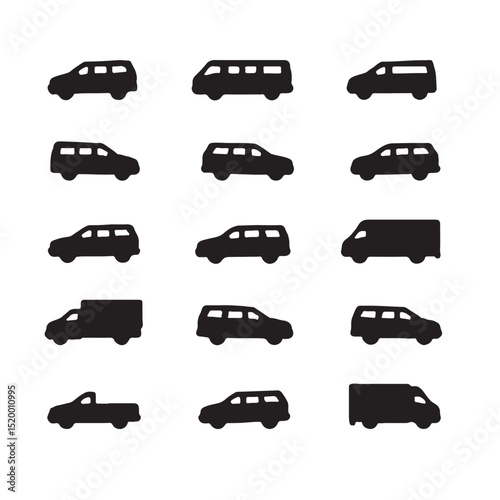 Collection of simple black silhouettes of various vehicles