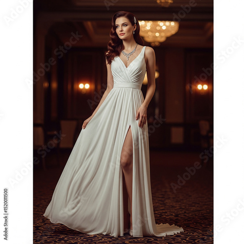bride in wedding dress. Elegant woman in white evening gown with slit. young woman wearing white dress in a party poses for camera.