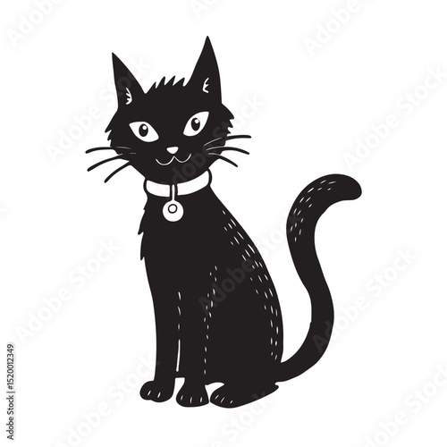 Smiling Black Cat Sitting Upright with Collar and Tag