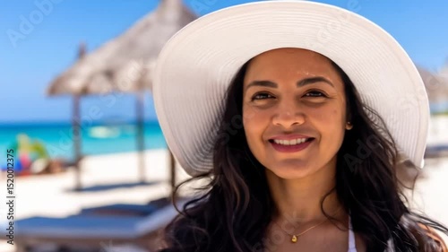 Beautiful woman enjoying tropical beach vacation with white sand and turquoise sea