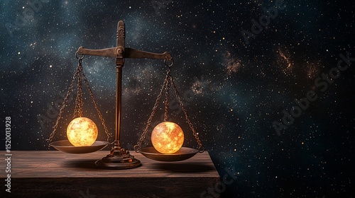 Balance scale weighing glowing risk and reward spheres in zero gravity