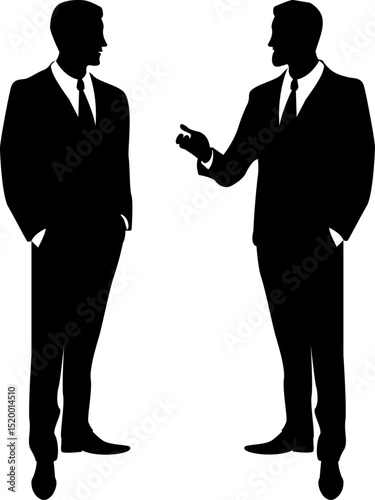 Silhouettes of men in business suits having a conversation. Black and white vector illustration with transparent background