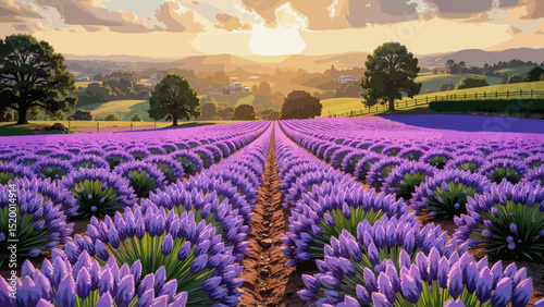 Lavender field blooming under sunset sky in rural landscape  