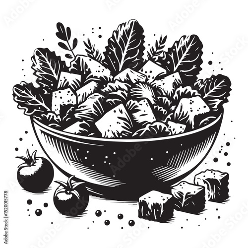 Black Caesar Salad Silhouette Vector, High Quality Illustration on White Background