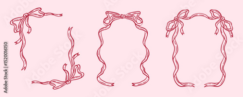 Ribbon bow coquette frame hand drawn doodle collection vector illustration. Invitation, poster, menu decoration ornament set.