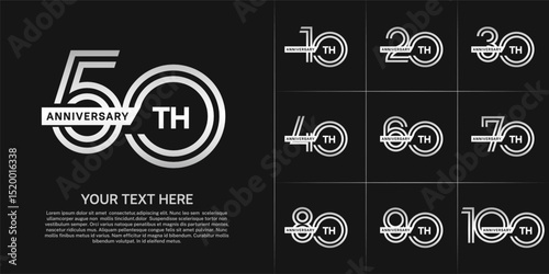 Anniversary logo type set with double line number. white color with ribbon for celebration event