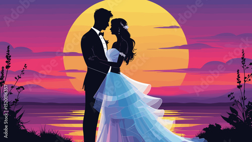 Couple in love embracing at sunset by the lake with colorful sky and romantic atmosphere