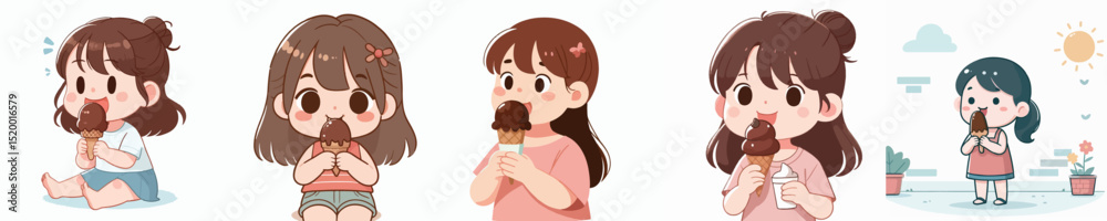 Obraz premium vector of a litte girl eating chocolate ice cream
