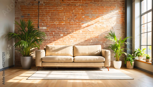 A modern industrial living room interior features a minimalist beige sofa, Modern Living Room Interior with Neutral Sofa photo