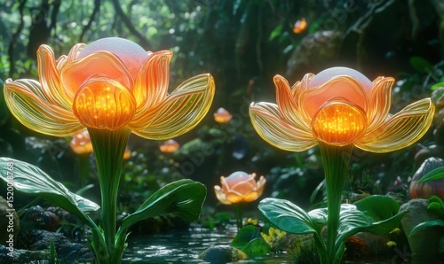 Glowing bioluminescent flowers illuminate a jungle stream