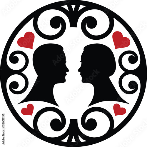 Elegant silhouette design of a loving couple framed by romantic floral elements