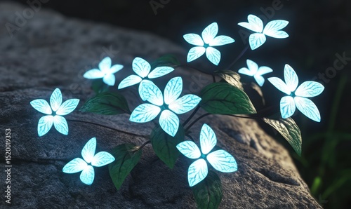 Glowing blue flowers on rock, fantasy setting, night scene, nature background, ideal for fantasy art
