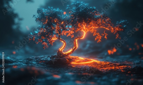 Glowing Bonsai Tree in Dark Forest