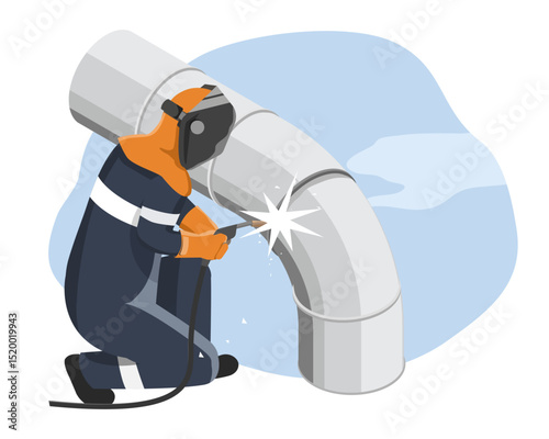 Industrial worker welding large round air duct elbow joint on workshop floor during fabrication process for commercial ventilation system installation