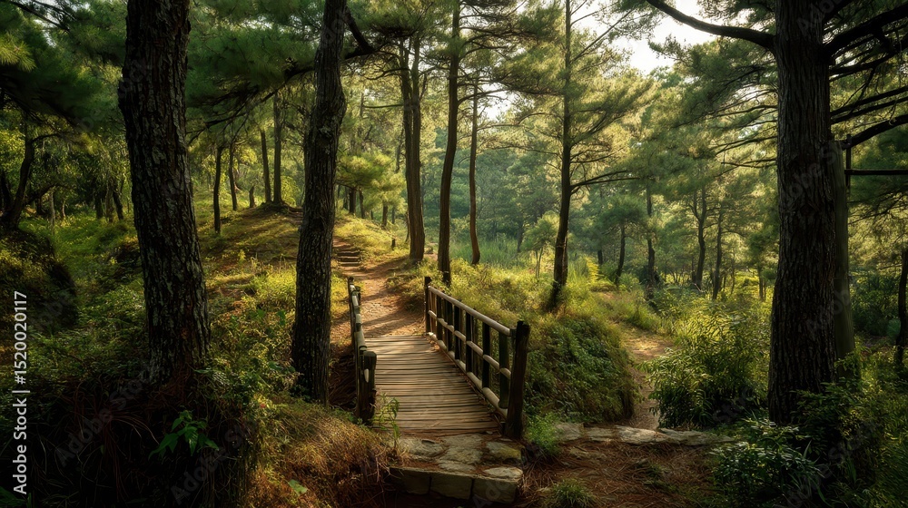 Obraz premium Serene Pine Forest Path Leading to Wooden Bridge