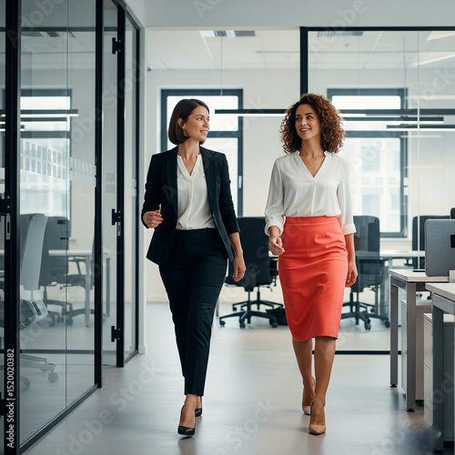 young business woman walking in office. Professional female colleagues walking in a modern corporate office building.