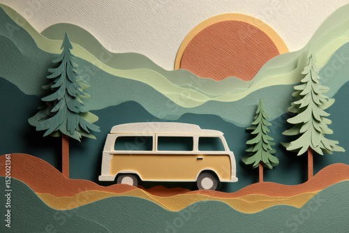 Paper cut camper van driving through forest on scenic road trip illustration