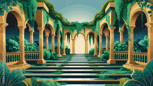 Lush garden with classical arches and greenery creating a serene pathway in an enchanting setting