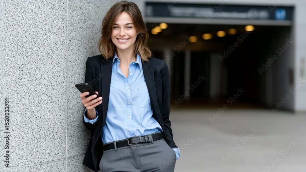 Smart Professional at the City: A sophisticated individual in a business-casual ensemble confidently engages with her phone. A perfect embodiment of modern professionalism.