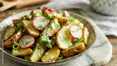 Homemade potato salad made from fried potato slices with crispy edges, thinly sliced radishes, finely chopped green onions, fresh dill and crispy celery, all seasoned with sour cream sauce with herbs.