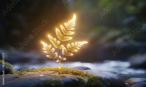 Glowing fern by stream, nature, tranquility, fantasy, background blur, stock photo