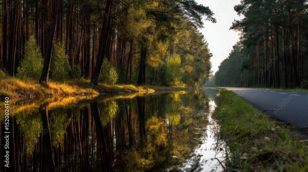 Obraz premium Scenic Road Through Pine Forest with River Reflection