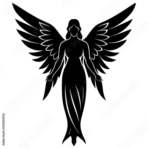 Silhouette of a winged angel isolated on white background
