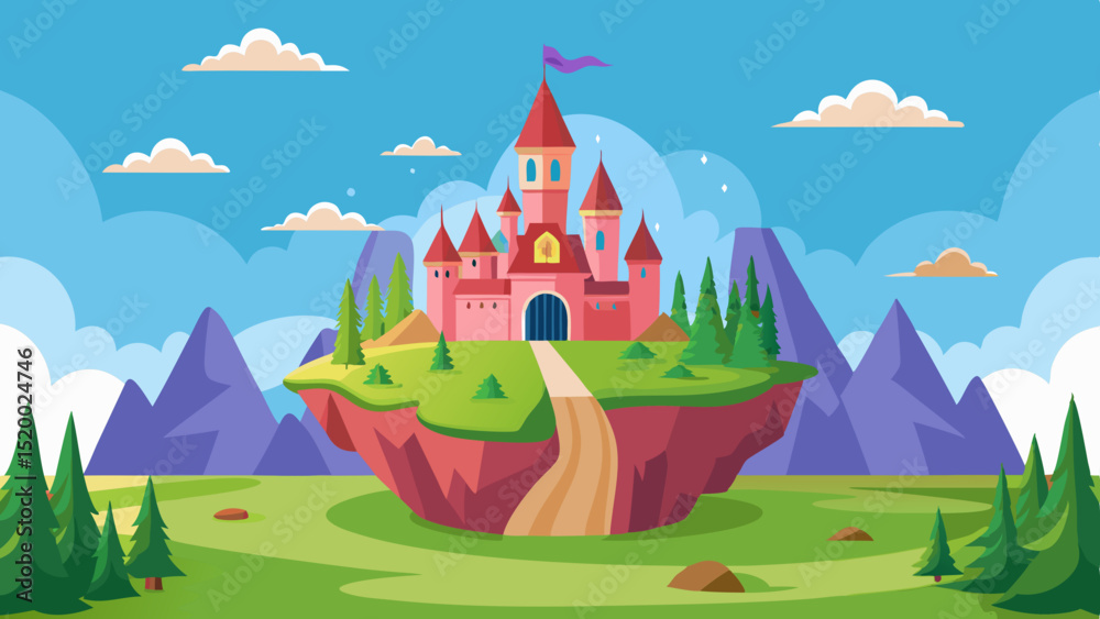 Cartoon pink castle on a floating island with mountains, trees, and a blue sky Cartoon pink castle on a floating island with mountains, trees, and a blue sky