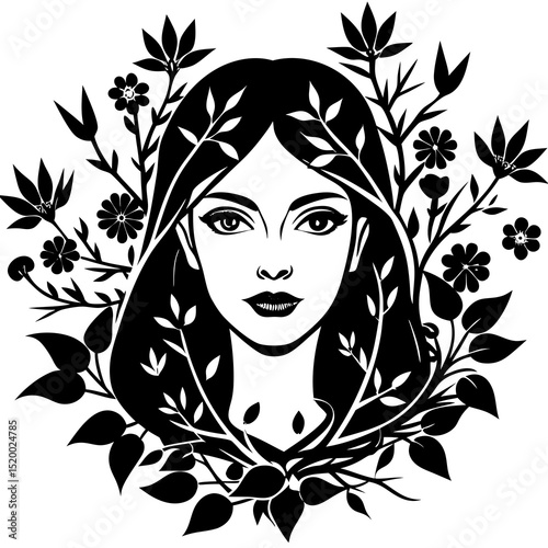 Woman portrait surrounded by flowers and leaves, isolated on white background