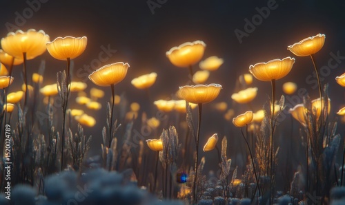 Glowing flowers at dusk, fantasy field, digital art, wallpaper