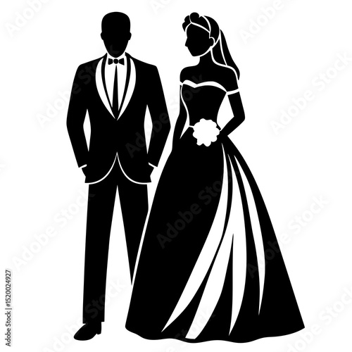 Silhouette of a bride and groom isolated on white background, the bride holding a bouquet