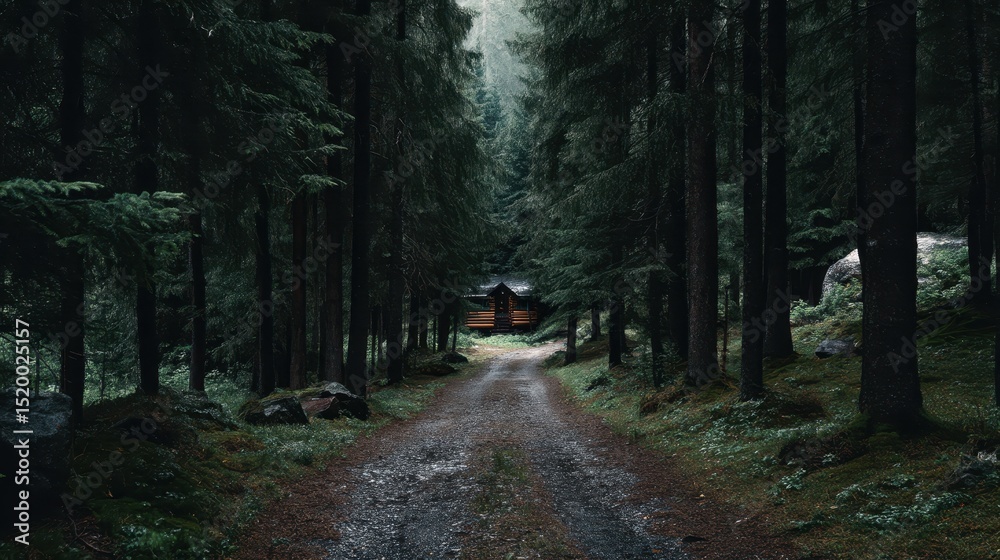 Fototapeta premium Secluded Cabin in a Dark Pine Forest A Mysterious Path