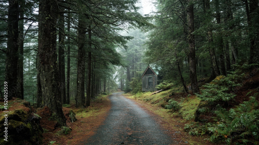 Fototapeta premium Forest Road Leading to Secluded Cabin Misty Pine Woods
