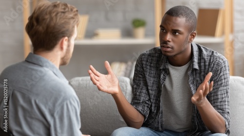 Young black man discusses feelings with psychologist in a calm office setting during a therapy session, focusing on mental health and communication