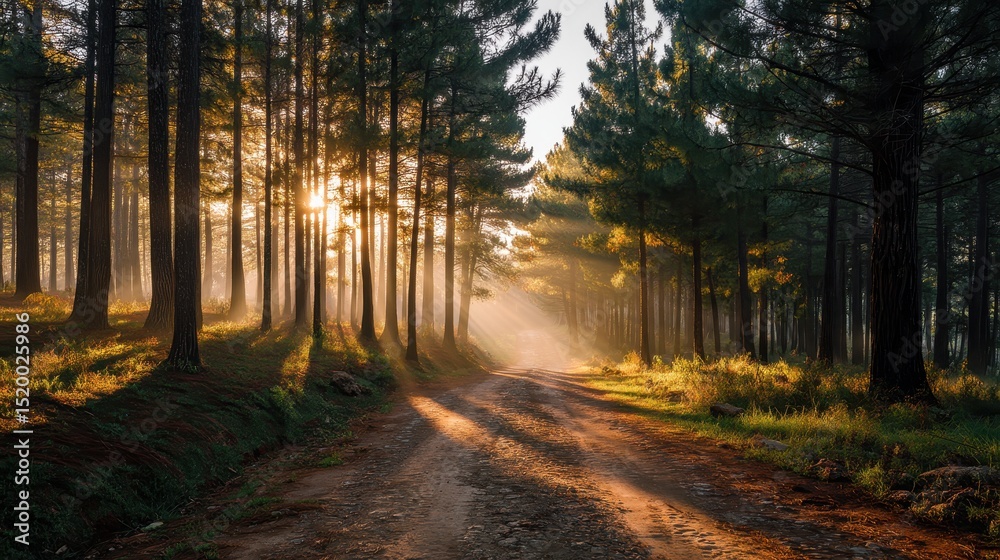 Fototapeta premium Sunrise Road Through Misty Pine Forest