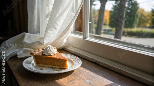 Slice of pumpkin pie with whipped cream on window sill in autumn  