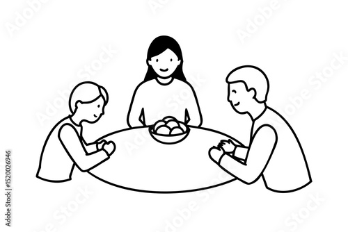 Family enjoying meal together simple line art illustration