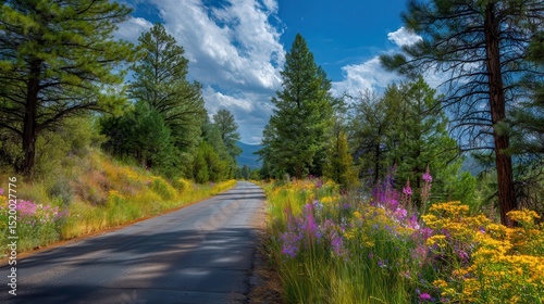 Scenic Country Road with Wildflowers and Pine Trees