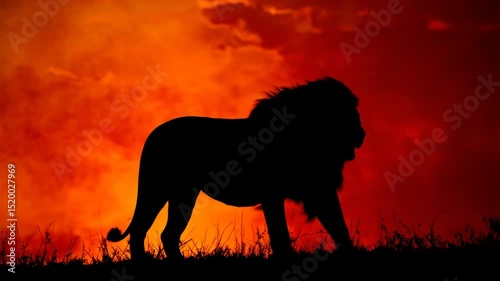 Majestic Lion Silhouette Walking Against a Fiery African Sunset Background Video