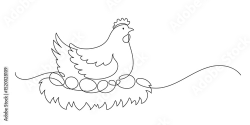 Hen on the nest with eggs. Continuous line drawing.