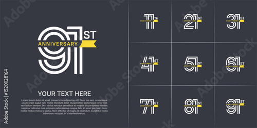 Anniversary logo type set with double line number. white color with small yellow ribbon for celebration event