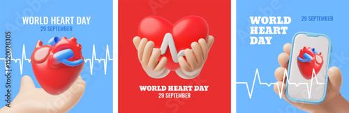 World heart day 29 September vector 3D posters set, heart shape with pulse sign in hands, healthcare awareness concept