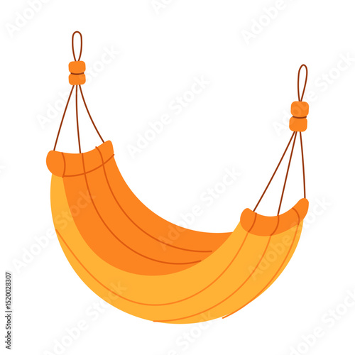 A yellow and orange striped hammock is hanging from a rope