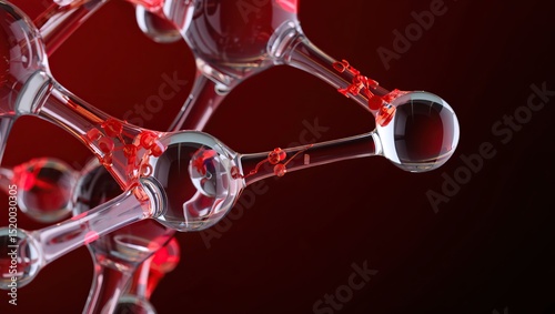 Transparent molecular model containing vibrant red liquid with glowing highlights, symbolizing science and technology.