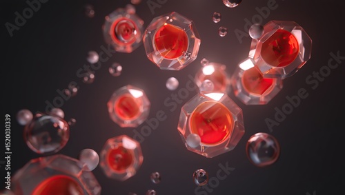 Close-up of crystalline molecules featuring vibrant red cores, set against a backdrop of air bubbles and subtle lighting.