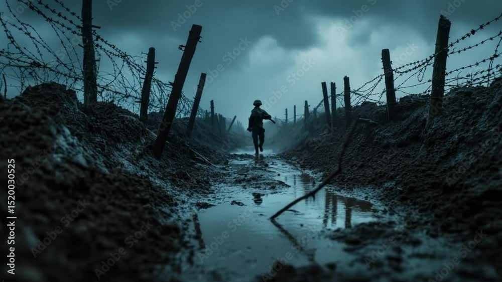 A lone soldier walks through a muddy trench during a dark, rainy war landscape A lone soldier walks through a muddy trench during a dark, rainy war landscape