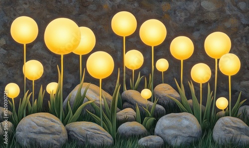 Glowing orbs illuminate rocks and grass at night; fantasy scene