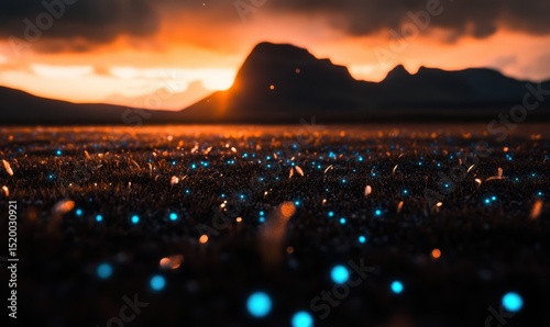 Glowing plants at sunset, mountain backdrop, nature scene, desktop wallpaper