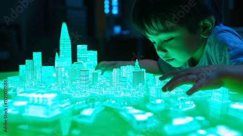Child building a future city from glowing coins and investment plans
