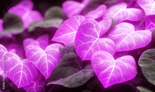 Glowing purple heart-shaped leaves, close-up, nature background, ideal for romantic designs